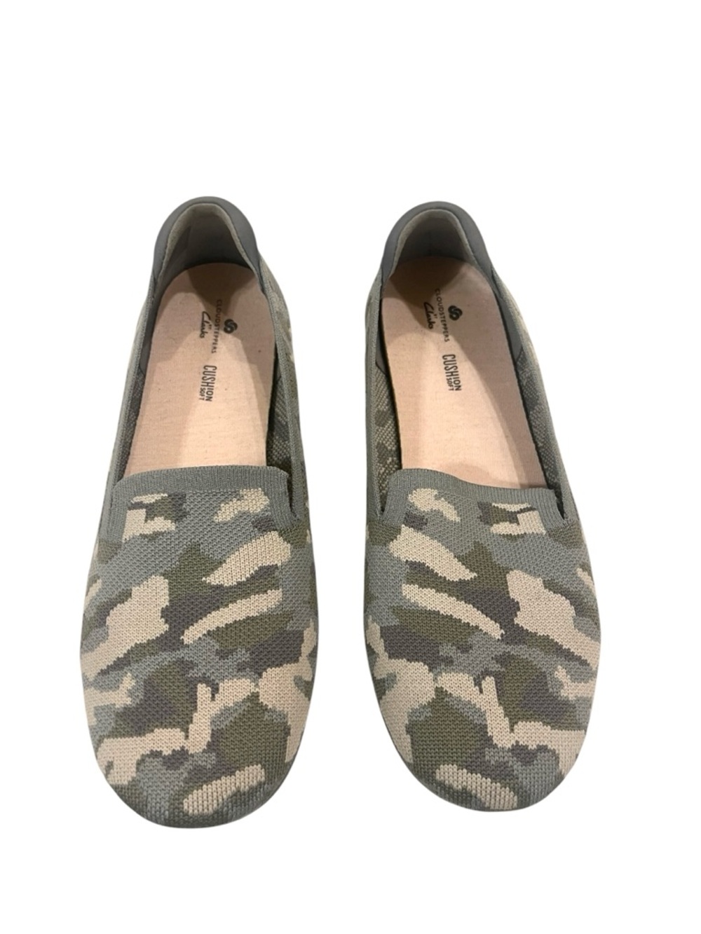 Women's Clarks Cloudsteppers Carly Camo Slip-On Flats Blue Grey - Picture 2 of 4